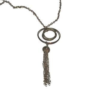 Gold Tone Double Circle Pendant Necklace Long Tassel Drop 24” Modern